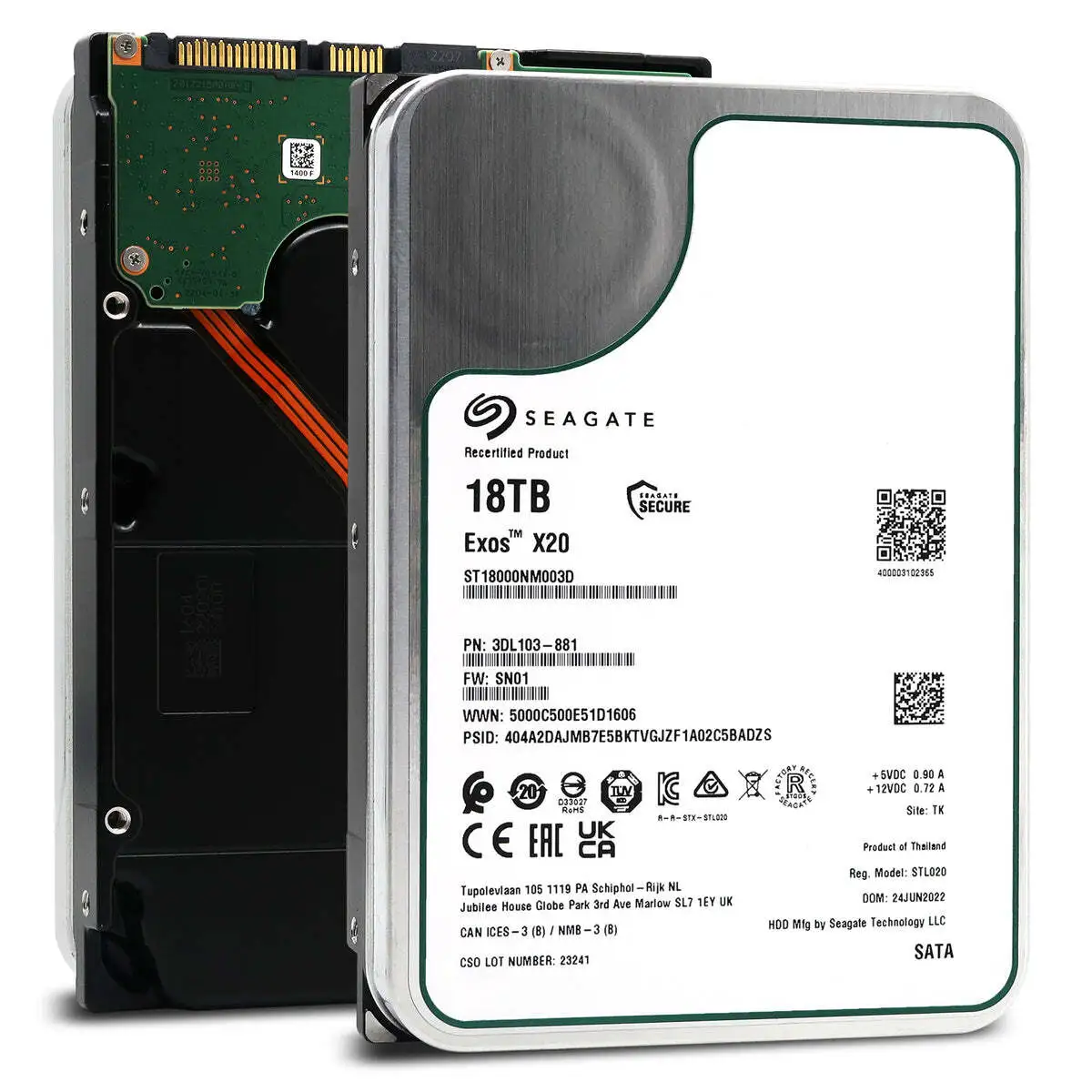 Seagate Exos X20 ST18000NM003D 18TB 7.2K RPM SATA 6Gb/s 3.5in Recertified Hard Drive