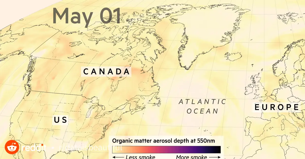 [OC] Animation showing the vast distances that the smoke from Canadian wildfires can travel